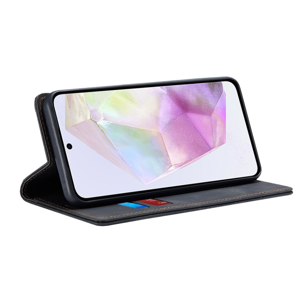 Husa pentru Samsung Galaxy A35 5G, SKYDDAR INNOVATION, Soft Wallet, tip Carte din piele Eco Premium, cu Portofel Interior, Negru, set cu sticker - 1 | YEO