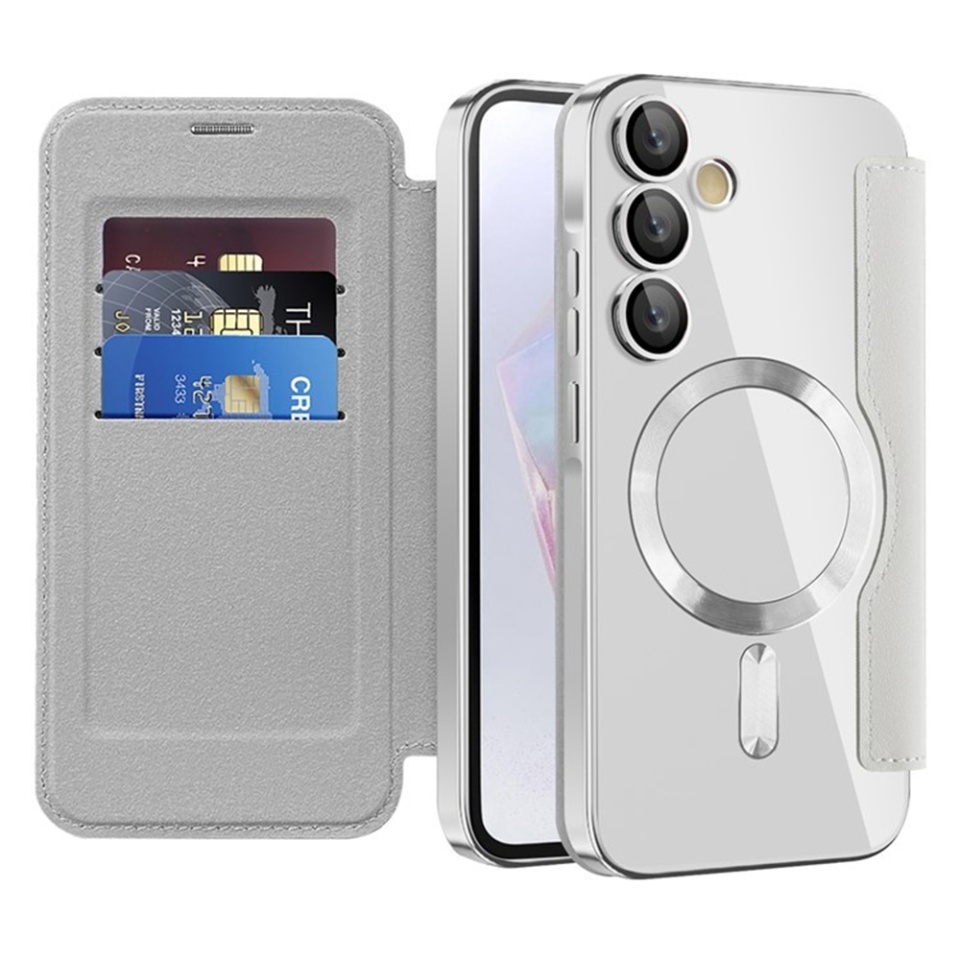 Husa pentru Samsung Galaxy A35 5G tip carte, SKYDDAR INOVATION, SmartMag Book, Magsafe, RFiD, Suport Carduri, set cu sticker, Gri