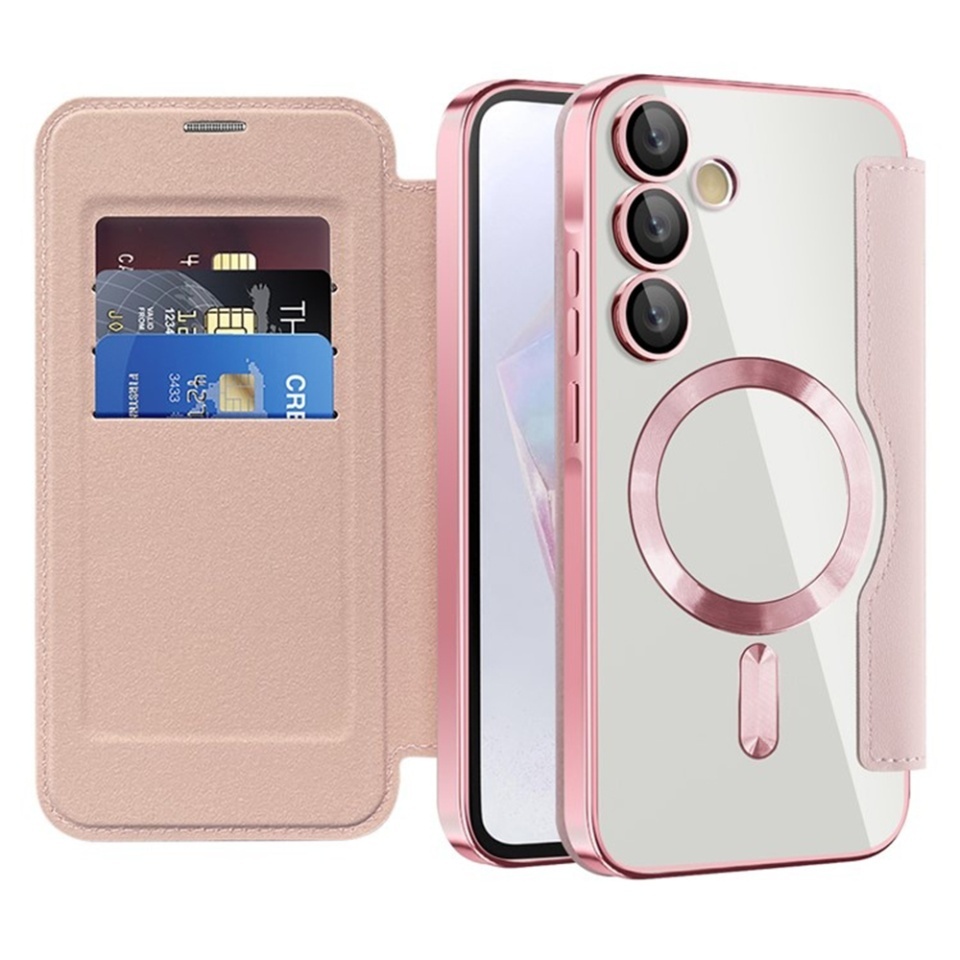Husa pentru Samsung Galaxy A35 5G tip carte, SKYDDAR INOVATION, SmartMag Book, Magsafe, RFiD, Suport Carduri, set cu sticker, Roz