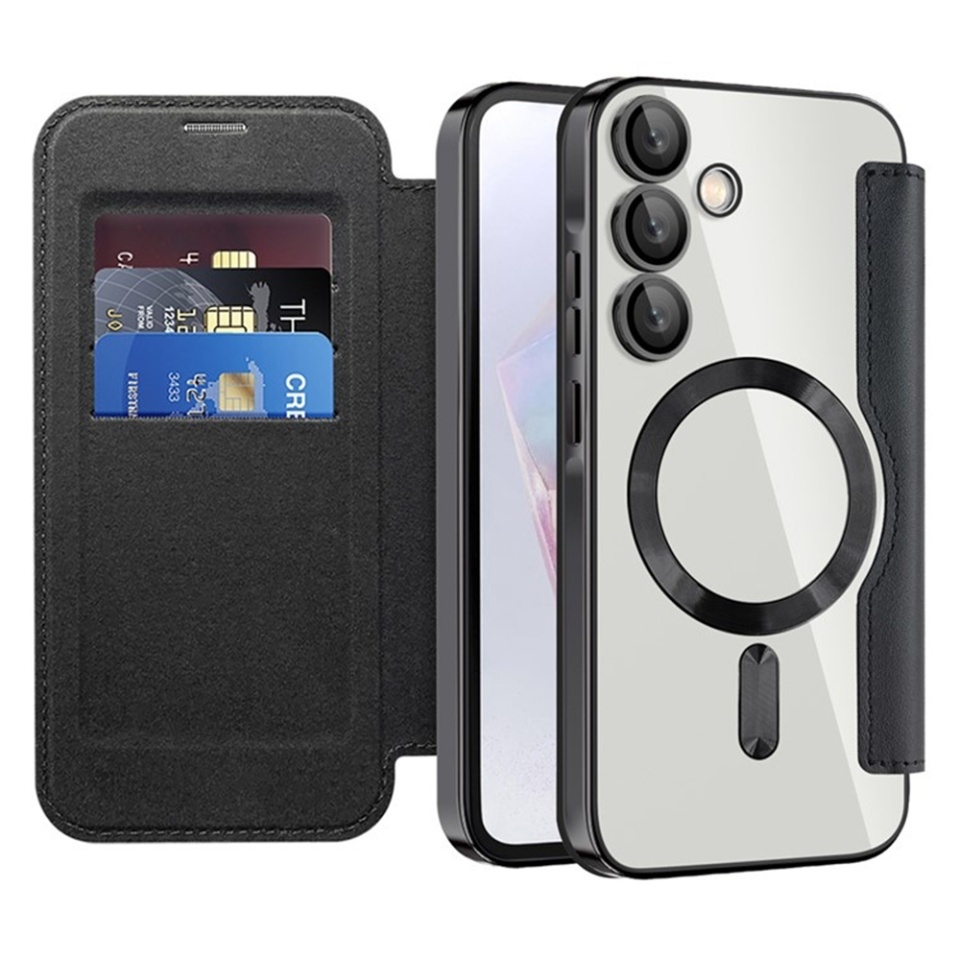 Husa pentru Samsung Galaxy A35 5G tip carte, SKYDDAR INOVATION, SmartMag Book, Magsafe, RFiD, Suport Carduri, set cu sticker, Negru