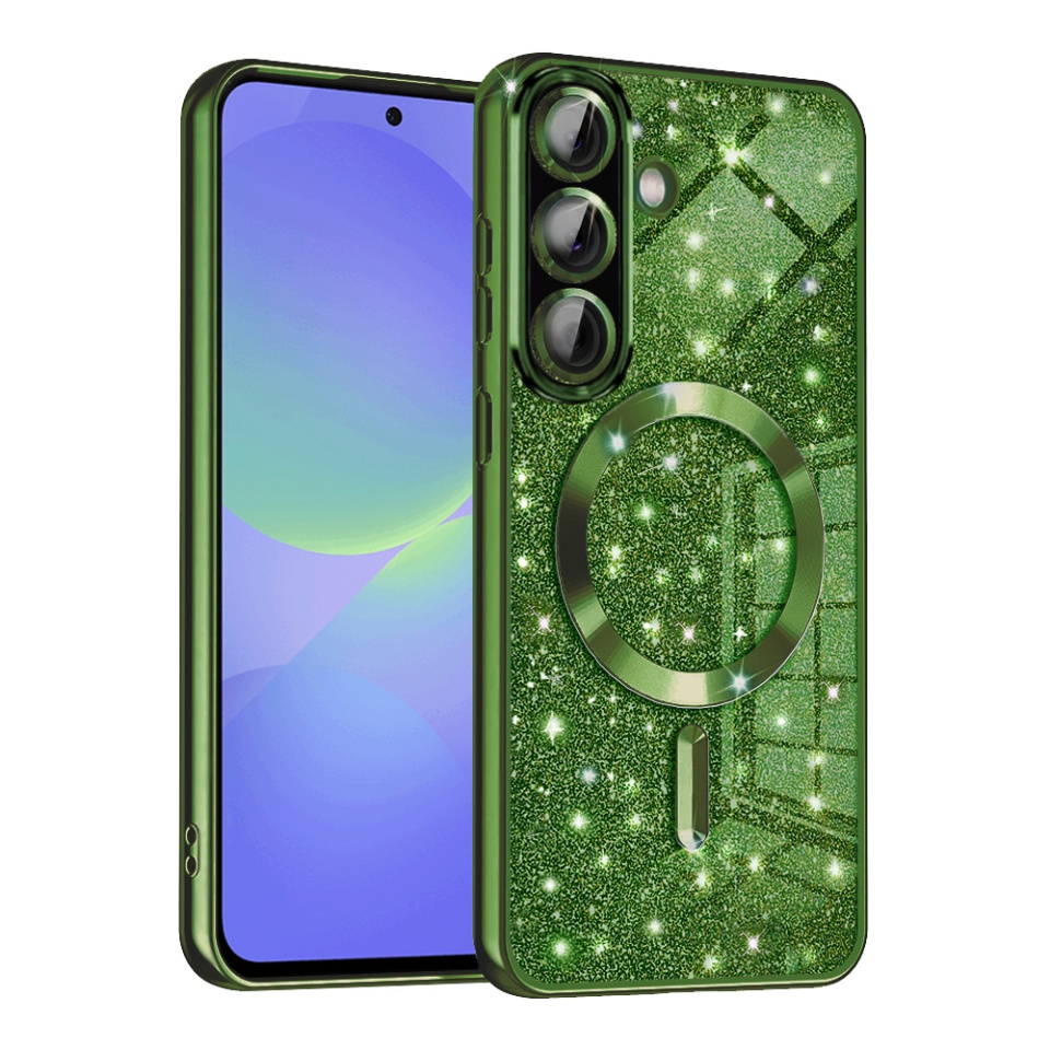Husa pentru Samsung Galaxy A36 5G / Galaxy A56 5G, SKYDDAR INNOVATION, Luxury Glitter Magsafe, Antisoc, Fundal Detasabil 2-in-1, Protectie Superioara, Margini Ridicate, Verde, set cu sticker