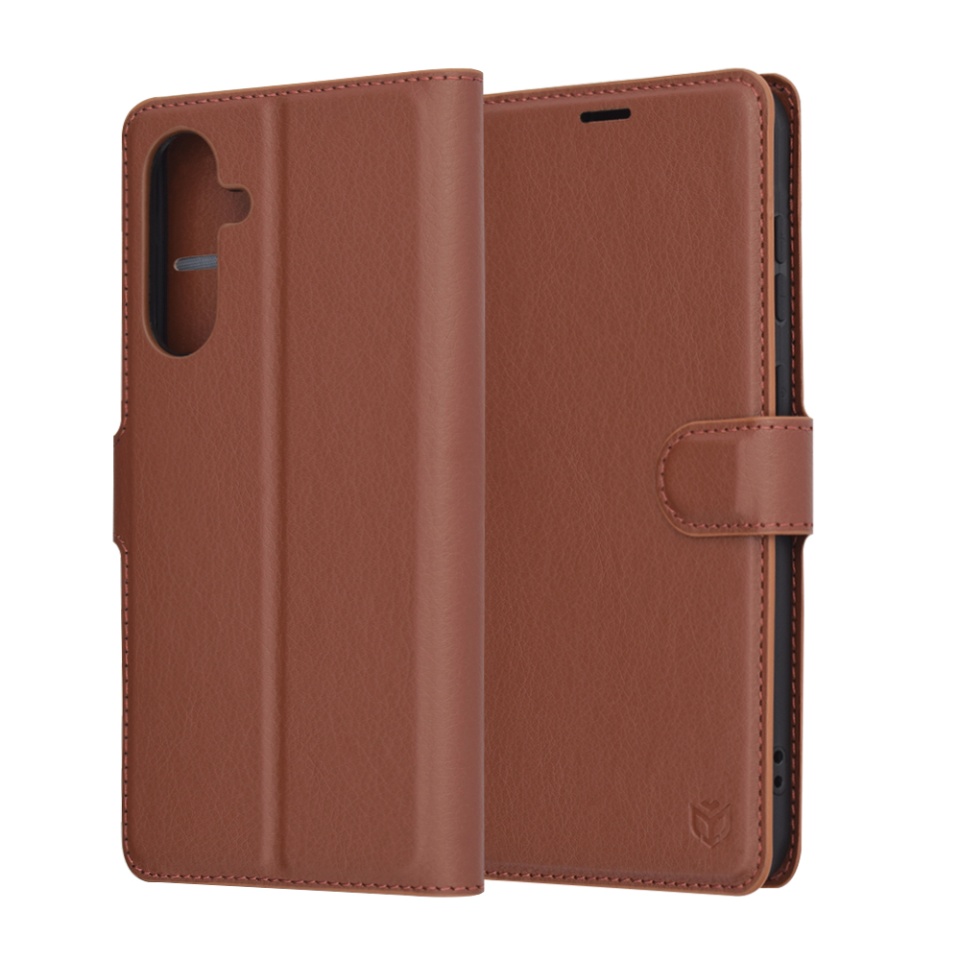 Husa pentru Samsung Galaxy A36 5G, SKYDDAR INNOVATION, Leather Wallet, tip Carte, cu Portofel Interior, Finisaje Premium, Maro, set cu sticker