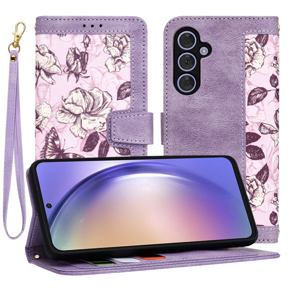 Husa pentru Samsung Galaxy A54 din Piele Ecologică cu Design Floral, Protecție 360°, Stand Integrat, Buzunare pentru Carduri, SKDR Floral Wallet - Mov
