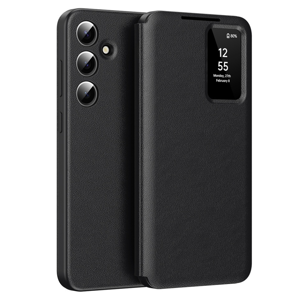 Husa pentru Samsung Galaxy A55 5G tip carte, Skyddar, cu portofel si SmartView, Premium, set cu sticker, Negru