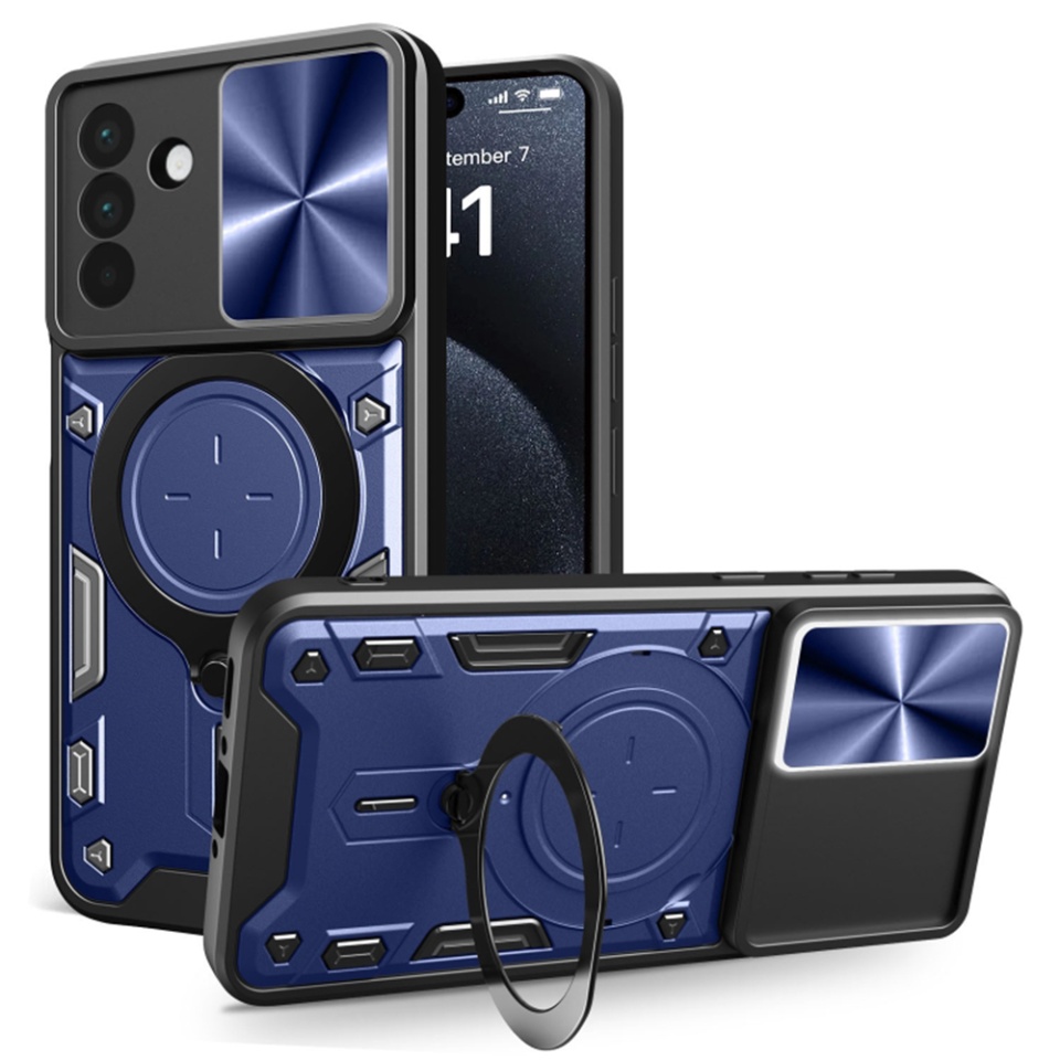 Husa pentru Samsung Galaxy A56 5G, cu inel magnetic si suport ajustabil, protectie completa camera, SKDR SafeCover - Albastru