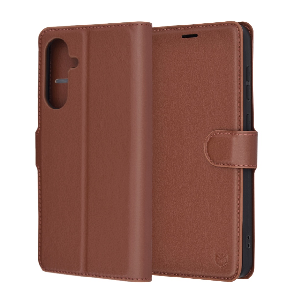 Husa pentru Samsung Galaxy A56 5G, SKYDDAR INNOVATION, Leather Wallet, tip Carte, cu Portofel Interior, Finisaje Premium, Maro, set cu sticker