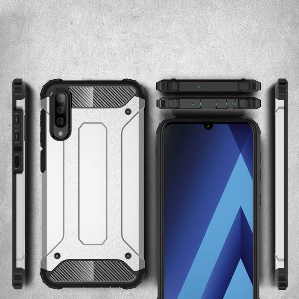 Husa pentru Samsung Galaxy A70 / Galaxy A70s, SKYDDAR INNOVATION, Hybrid Armor, din Plastic Dur, Margini Cauciucate, Antisoc, set cu sticker, Negru - 1 | YEO