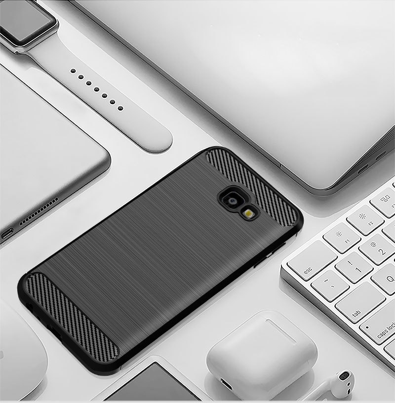 Husa pentru Samsung Galaxy J4 Plus, SKYDDAR INNOVATION, Carbon Silicone, din Silicon Slim, cu textura Fibra Carbon, set cu sticker, Negru - 2 | YEO
