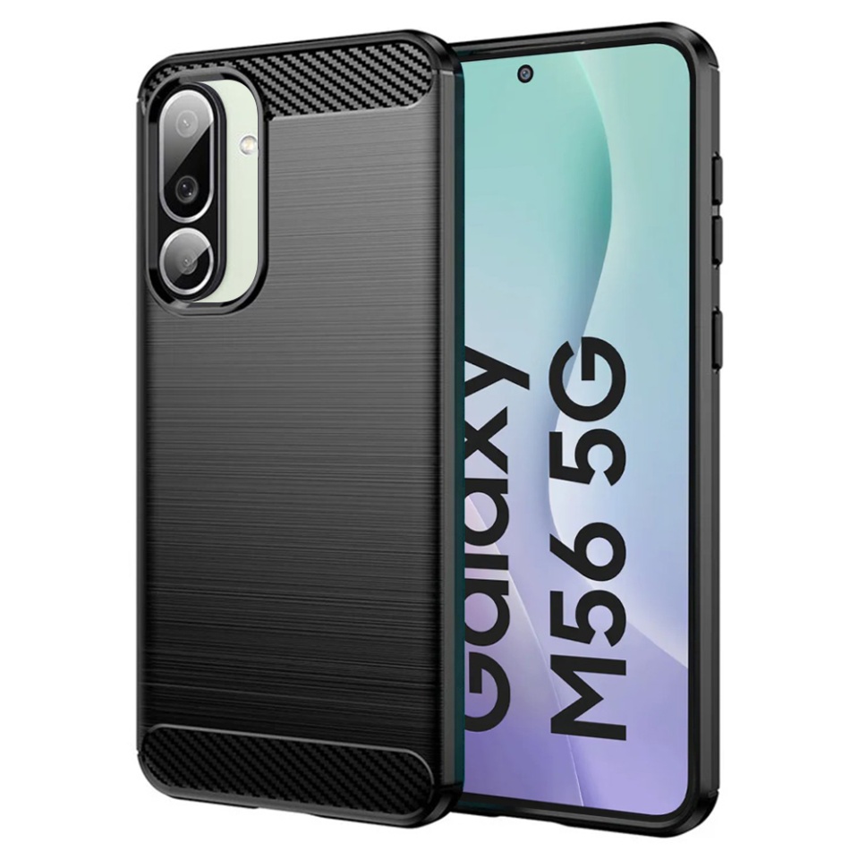 Husa pentru Samsung Galaxy M56, SKYDDAR INNOVATION, Carbon Silicone, din Silicon Slim, cu textura Fibra Carbon, set cu sticker, Negru