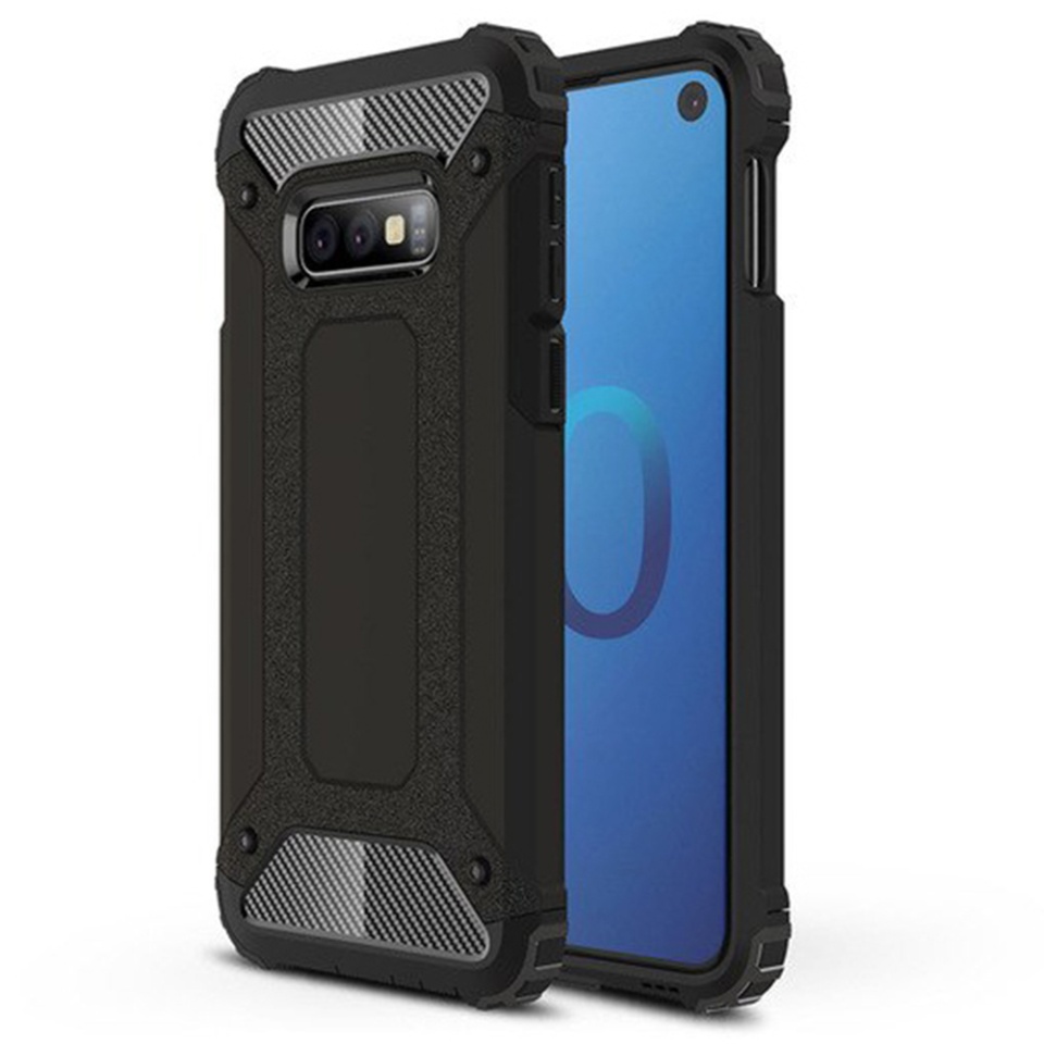 Husa pentru Samsung Galaxy S10e, SKYDDAR INNOVATION, Hybrid Armor, din Plastic Dur, Margini Cauciucate, Antisoc, set cu sticker, Negru
