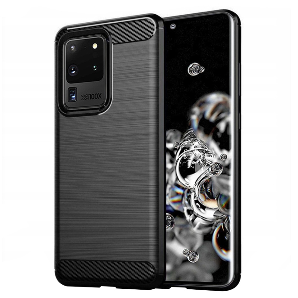 Husa pentru Samsung Galaxy S20 Ultra 5G / Galaxy S20 Ultra, SKYDDAR INNOVATION, Carbon Silicone, din Silicon Slim, cu textura Fibra Carbon, set cu sticker, Negru