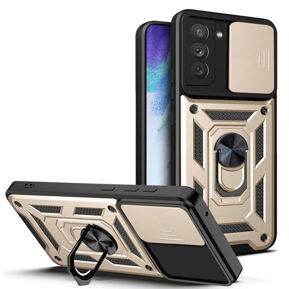 Husa pentru Samsung Galaxy S21 FE 5G, SKYDDAR INNOVATION, CamShield, Inel magnetic, set cu sticker, Auriu