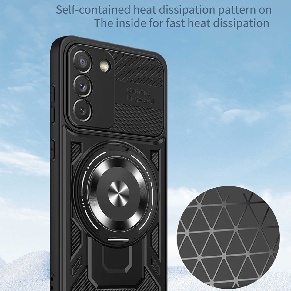 Husa pentru Samsung Galaxy S21 FE 5G, SKYDDAR INNOVATION, RuggedCam, Inel magnetic antisoc, set cu sticker, Albastru - 3 | YEO