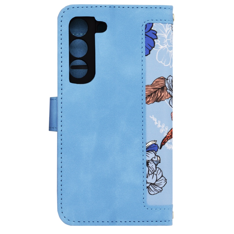Husa pentru Samsung Galaxy S22 5G din Piele Ecologică cu Design Floral, Protecție 360°, Stand Integrat, Buzunare pentru Carduri, SKDR Floral Wallet - Bleu - 2 | YEO