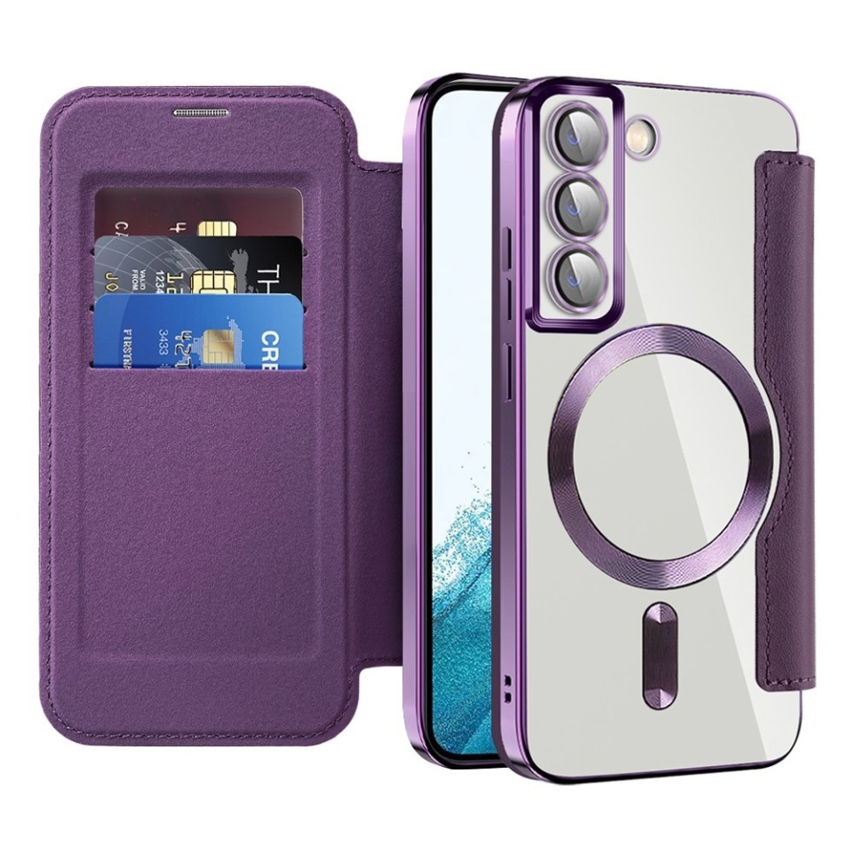 Husa pentru Samsung Galaxy S22 5G tip carte, SKYDDAR INOVATION, SmartMag Book, Magsafe, RFiD, Suport Carduri, set cu sticker, Mov