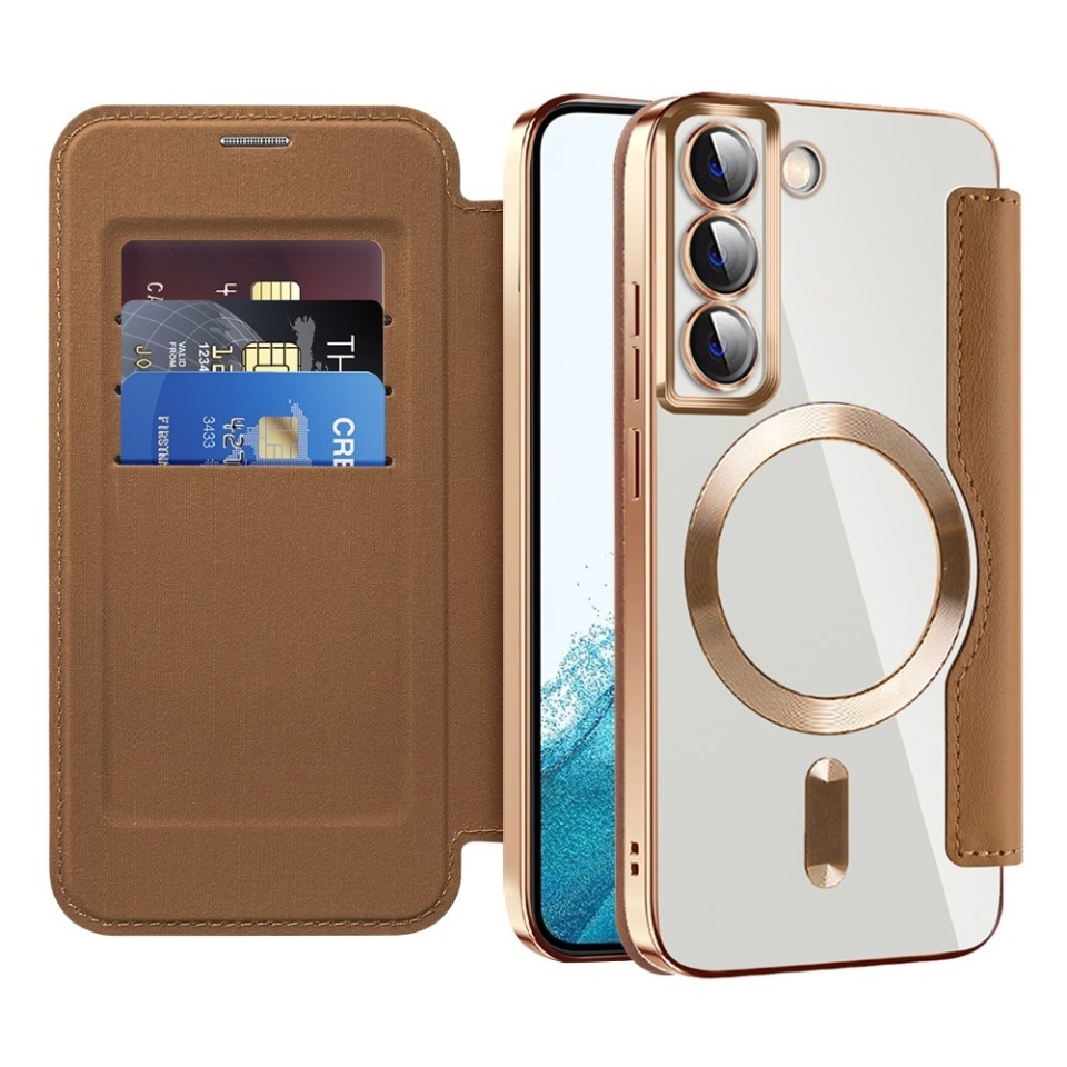 Husa pentru Samsung Galaxy S22 5G tip carte, SKYDDAR INOVATION, SmartMag Book, Magsafe, RFiD, Suport Carduri, set cu sticker, Maro