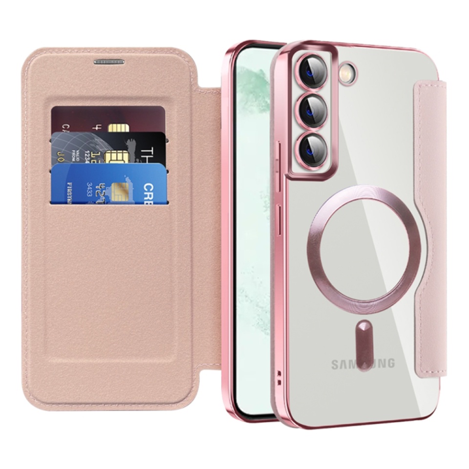 Husa pentru Samsung Galaxy S22 Plus 5G tip carte, SKYDDAR INOVATION, SmartMag Book, Magsafe, RFiD, Suport Carduri, set cu sticker, Roz