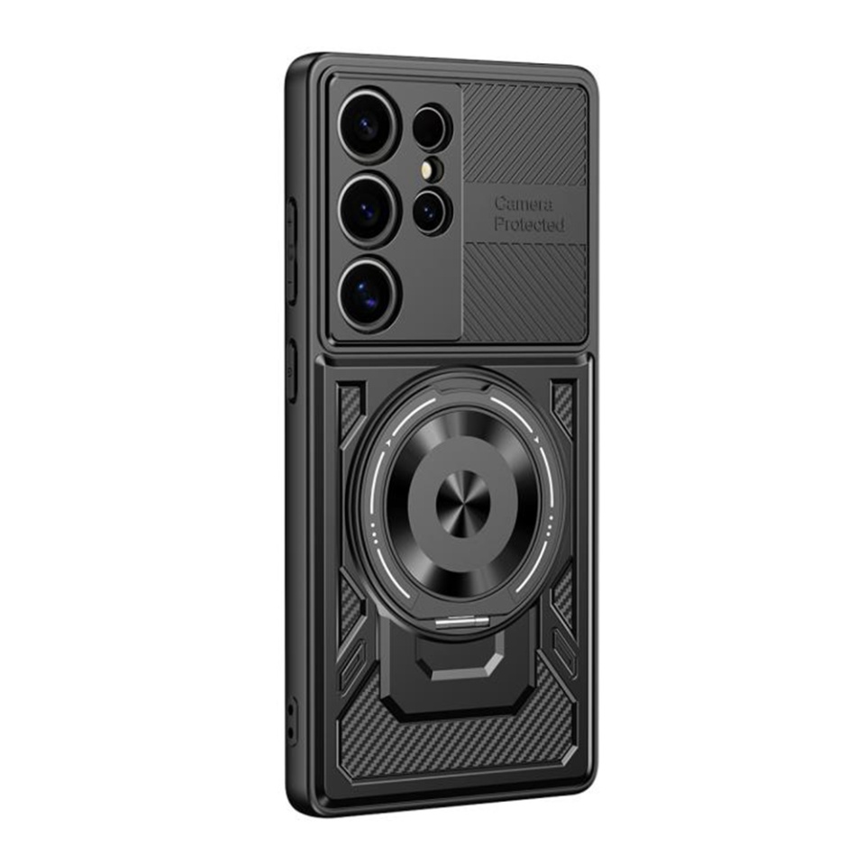Husa pentru Samsung Galaxy S22 Ultra 5G, SKYDDAR INNOVATION, RuggedCam, Inel magnetic antisoc, set cu sticker, Negru - 1 | YEO