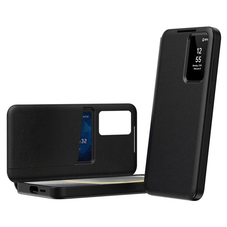 Husa pentru Samsung Galaxy S22 Ultra 5G tip carte, Skyddar, cu portofel si SmartView, Premium, set cu sticker, Negru - 1 | YEO