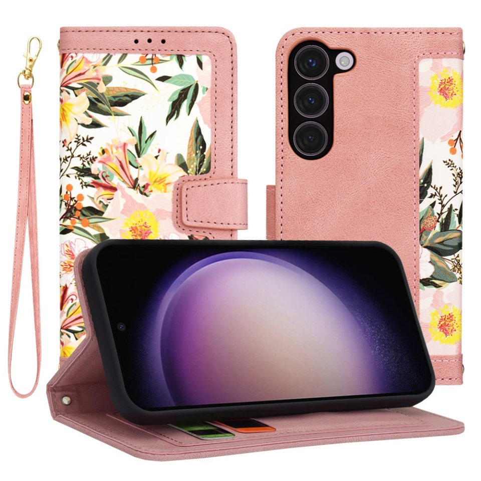 Husa pentru Samsung Galaxy S23 din Piele Ecologică cu Design Floral, Protecție 360°, Stand Integrat, Buzunare pentru Carduri, SKDR Floral Wallet - Roz
