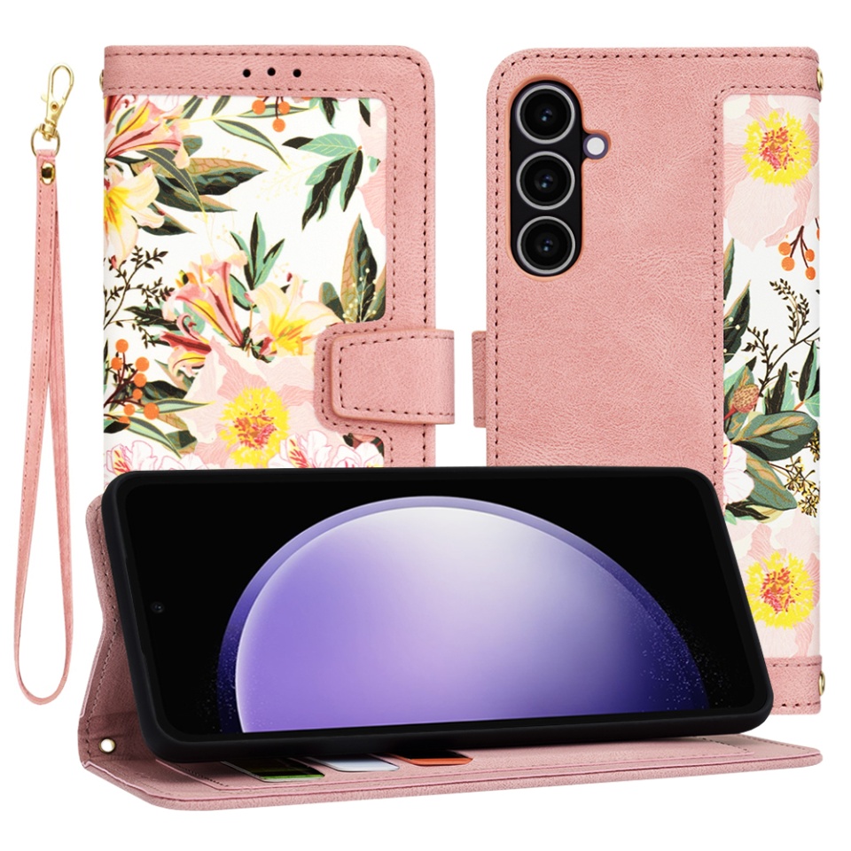 Husa pentru Samsung Galaxy S23 FE din Piele Ecologică cu Design Floral, Protecție 360°, Stand Integrat, Buzunare pentru Carduri, SKDR Floral Wallet - Roz