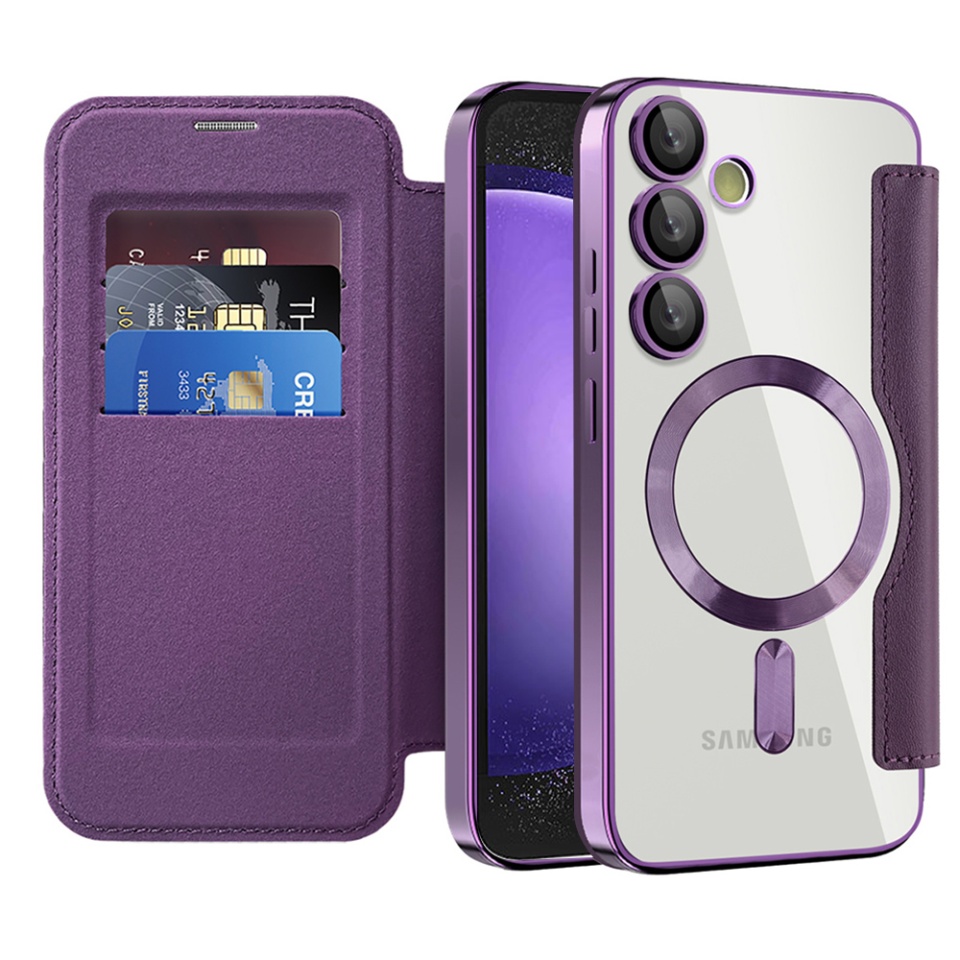 Husa pentru Samsung Galaxy S23 FE tip carte, SKYDDAR INOVATION, SmartMag Book, Magsafe, RFiD, Suport Carduri, set cu sticker, Mov