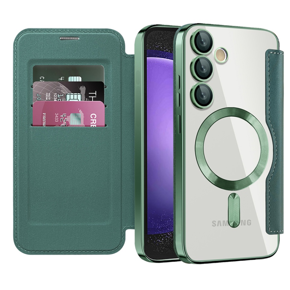 Husa pentru Samsung Galaxy S23 FE tip carte, SKYDDAR INOVATION, SmartMag Book, Magsafe, RFiD, Suport Carduri, set cu sticker, Verde