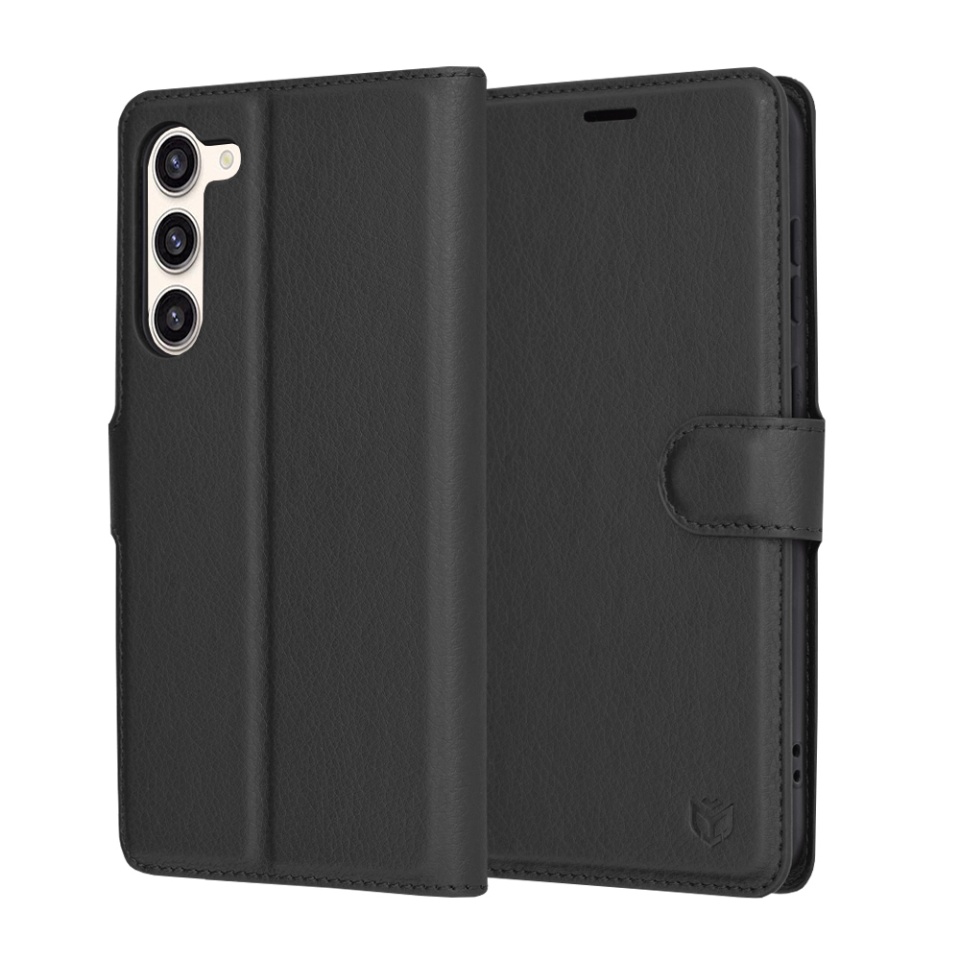 Husa pentru Samsung Galaxy S23 Plus, SKYDDAR INNOVATION, Leather Folio tip Carte, cu Portofel Interior, Finisaje Premium, set cu sticker, Negru