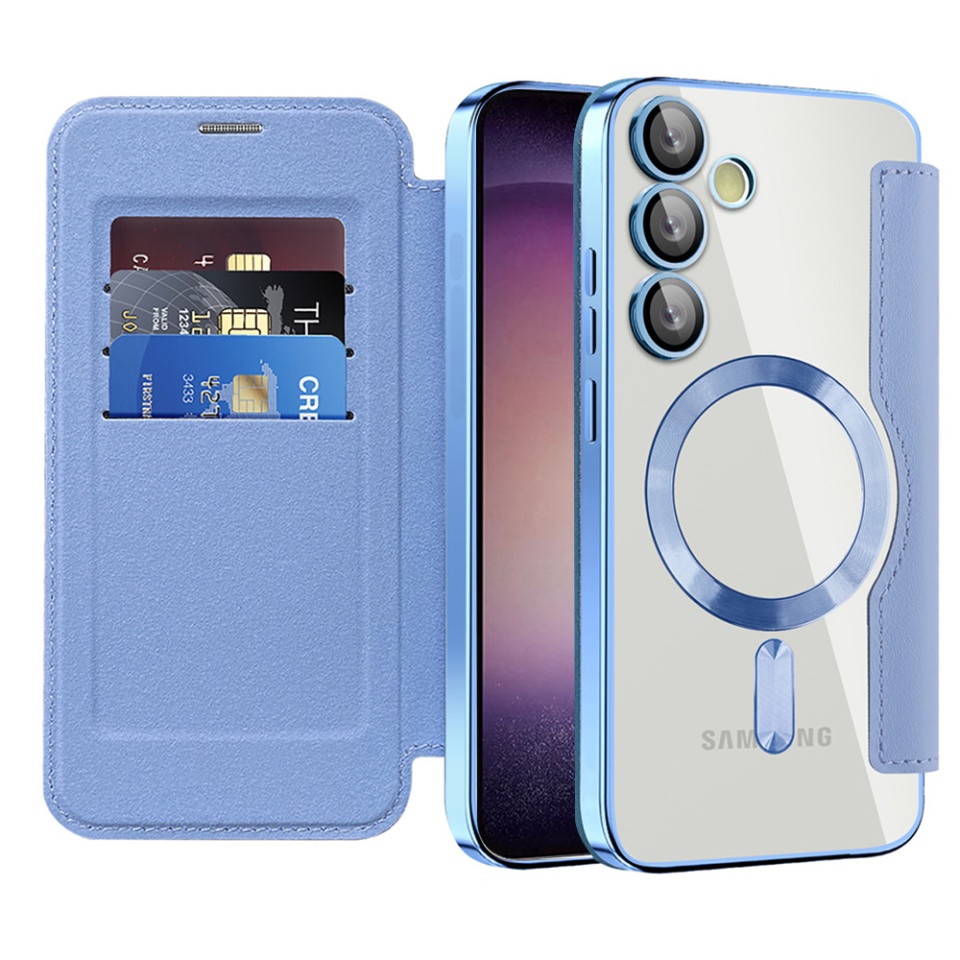 Husa pentru Samsung Galaxy S23 Plus tip carte, SKYDDAR INOVATION, SmartMag Book, Magsafe, RFiD, Suport Carduri, set cu sticker, Bleu