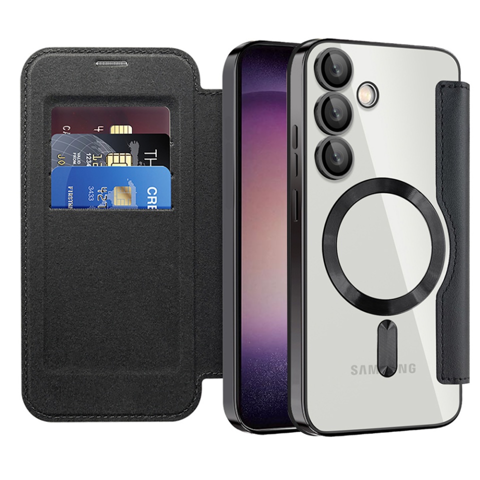 Husa pentru Samsung Galaxy S23 Plus tip carte, SKYDDAR INOVATION, SmartMag Book, Magsafe, RFiD, Suport Carduri, set cu sticker, Negru