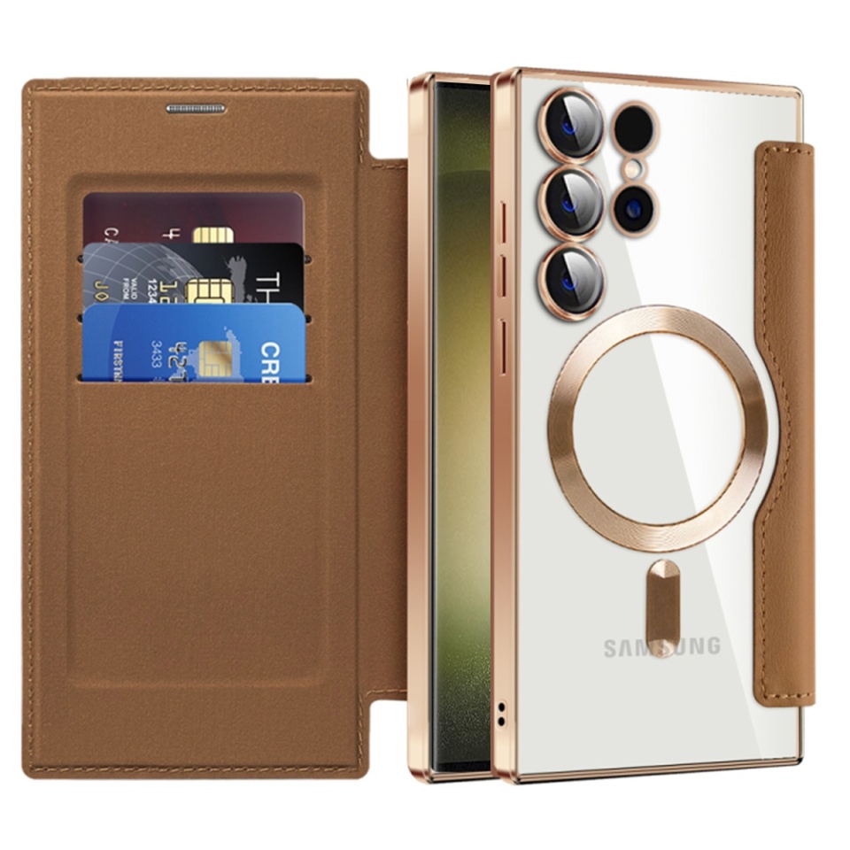 Husa pentru Samsung Galaxy S23 Ultra tip carte, SKYDDAR INOVATION, SmartMag Book, Magsafe, RFiD, Suport Carduri, set cu sticker, Maro