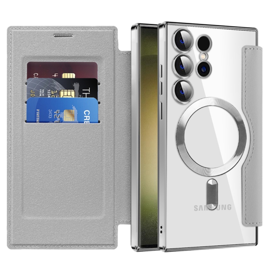 Husa pentru Samsung Galaxy S23 Ultra tip carte, SKYDDAR INOVATION, SmartMag Book, Magsafe, RFiD, Suport Carduri, set cu sticker, Gri