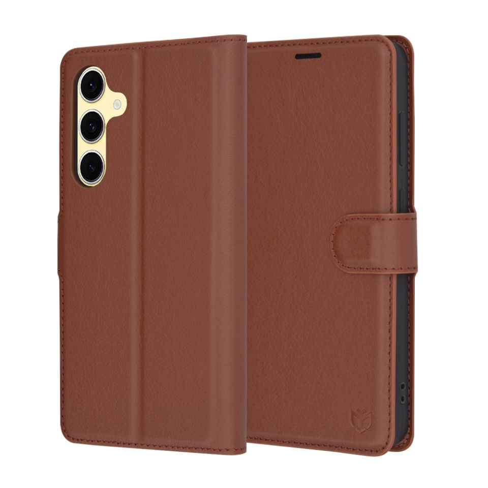 Husa pentru Samsung Galaxy S24 FE, SKYDDAR INNOVATION, Leather Folio tip Carte, cu Portofel Interior, Finisaje Premium, set cu sticker, Maro