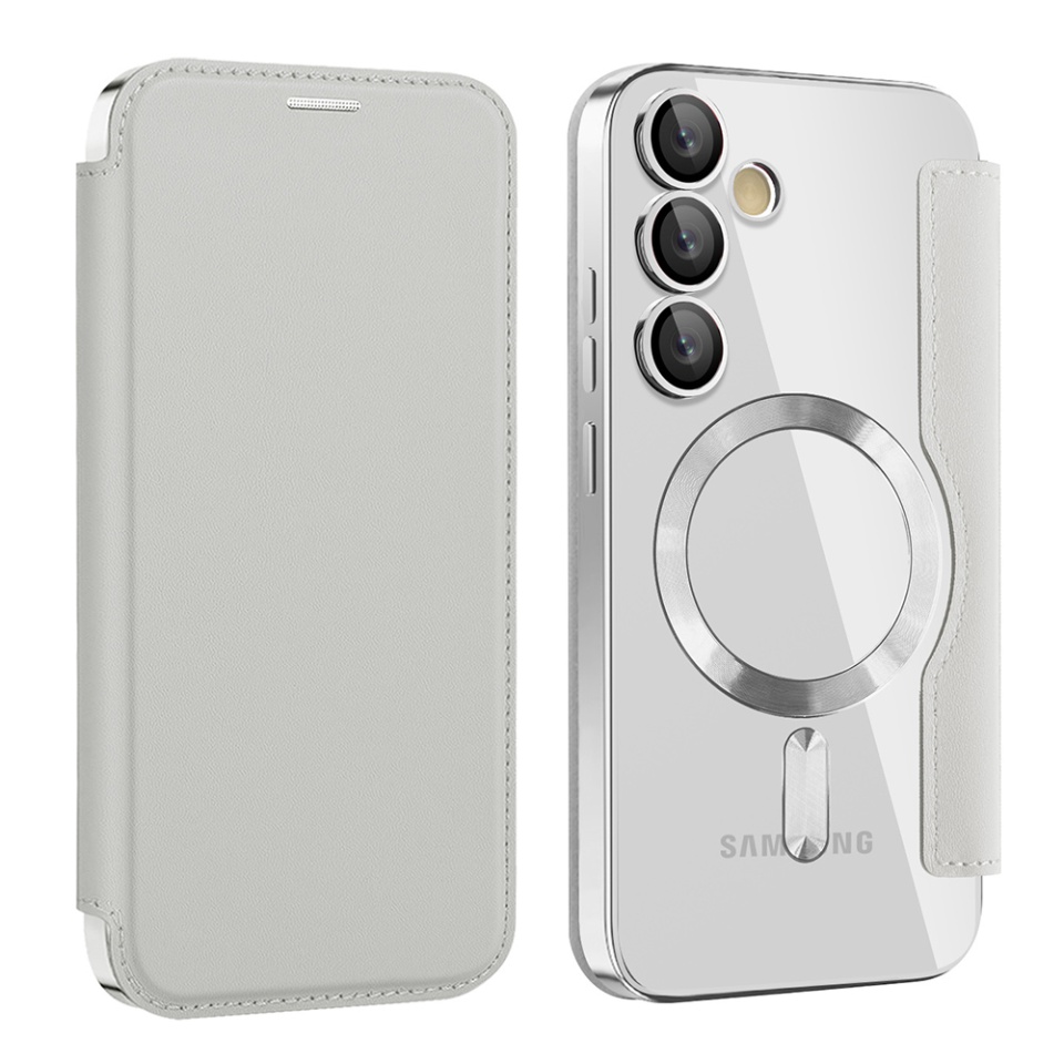 Husa pentru Samsung Galaxy S24 Plus tip carte, SKYDDAR INOVATION, SmartMag Book, Magsafe, RFiD, Suport Carduri, set cu sticker, Gri - 1 | YEO