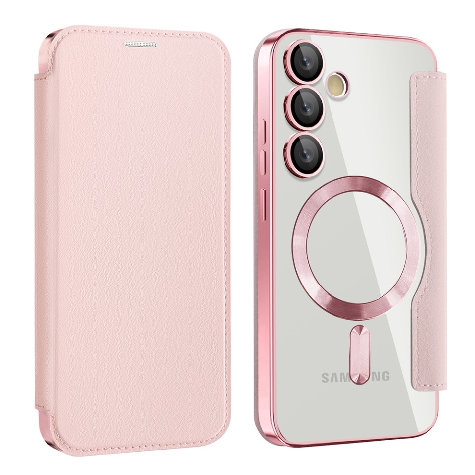 Husa pentru Samsung Galaxy S24 Plus tip carte, SKYDDAR INOVATION, SmartMag Book, Magsafe, RFiD, Suport Carduri, set cu sticker, Roz - 1 | YEO