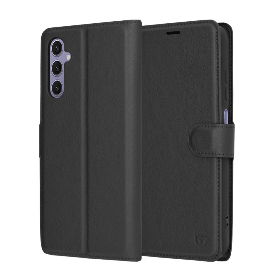 Husa pentru Samsung Galaxy S24, SKYDDAR INNOVATION, Leather Folio tip Carte, cu Portofel Interior, Finisaje Premium, set cu sticker, Negru