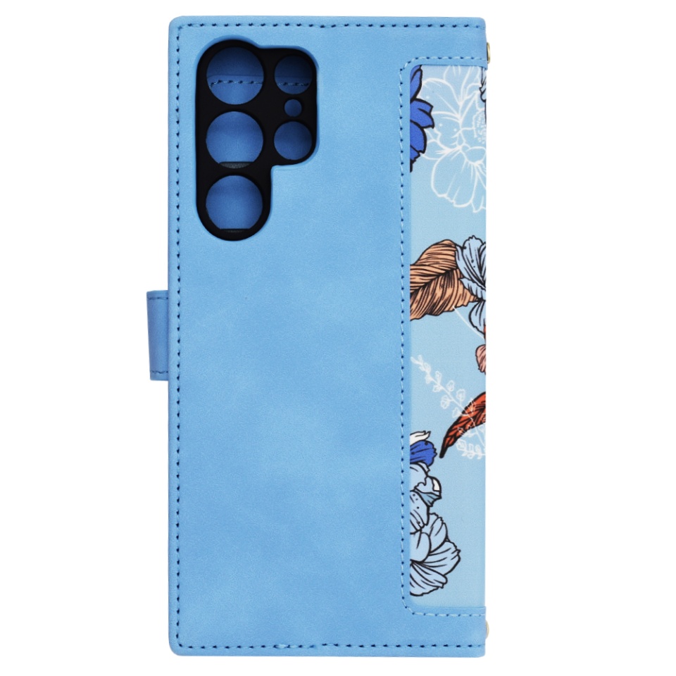 Husa pentru Samsung Galaxy S24 Ultra din Piele Ecologică cu Design Floral, Protecție 360°, Stand Integrat, Buzunare pentru Carduri, SKDR Floral Wallet - Bleu - 3 | YEO
