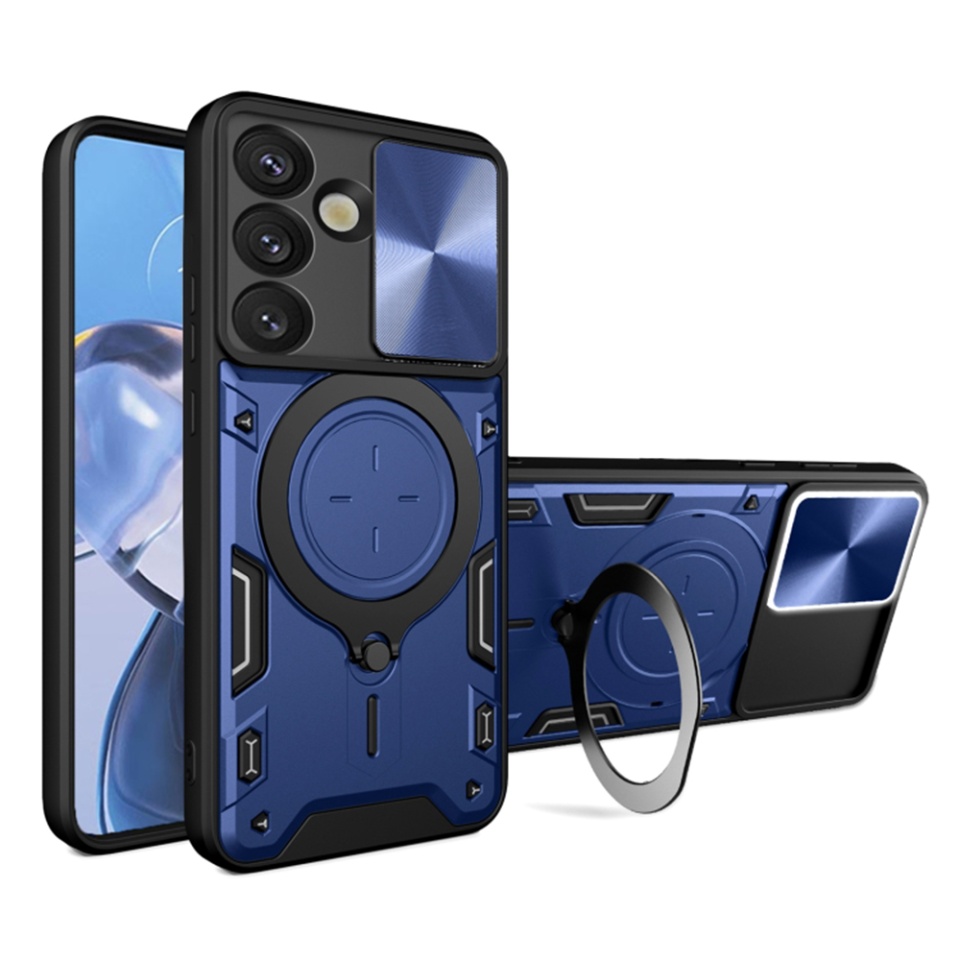 Husa pentru Samsung Galaxy S25, cu inel magnetic si suport ajustabil, protectie completa camera, SKDR SafeCover - Albastru