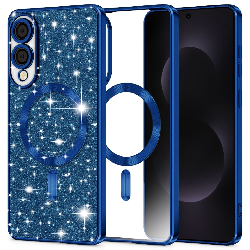 Husa pentru Samsung Galaxy S25 Edge, SKYDDAR INNOVATION, Luxury Glitter Magsafe, Antisoc, Fundal Detasabil 2-in-1, Protectie Superioara, Margini Ridicate, Albastru, set cu sticker