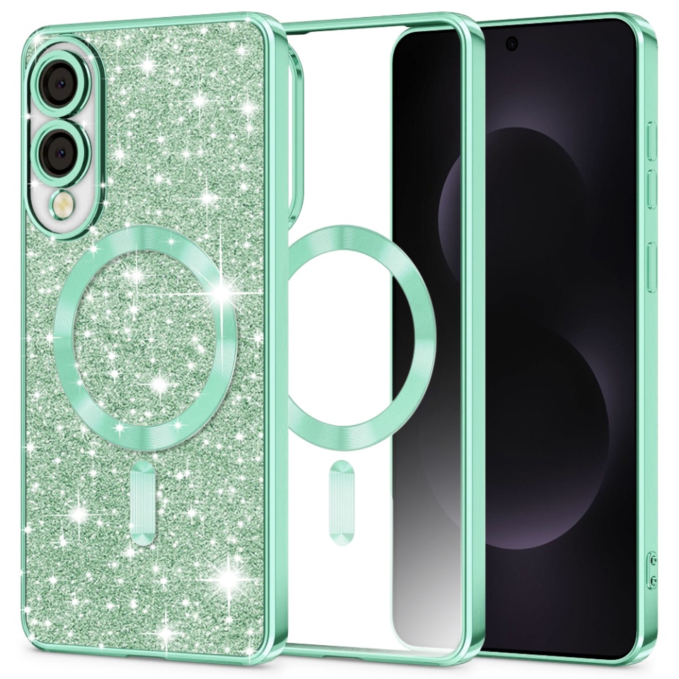 Husa pentru Samsung Galaxy S25 Edge, SKYDDAR INNOVATION, Luxury Glitter Magsafe, Antisoc, Fundal Detasabil 2-in-1, Protectie Superioara, Margini Ridicate, Verde deschis, set cu sticker