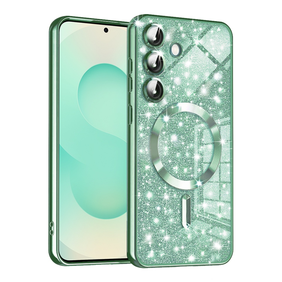 Husa pentru Samsung Galaxy S25 Plus, SKYDDAR INNOVATION, Luxury Glitter Magsafe, Antisoc, Fundal Detasabil 2-in-1, Margini Ridicate, set cu sticker, Verde deschis