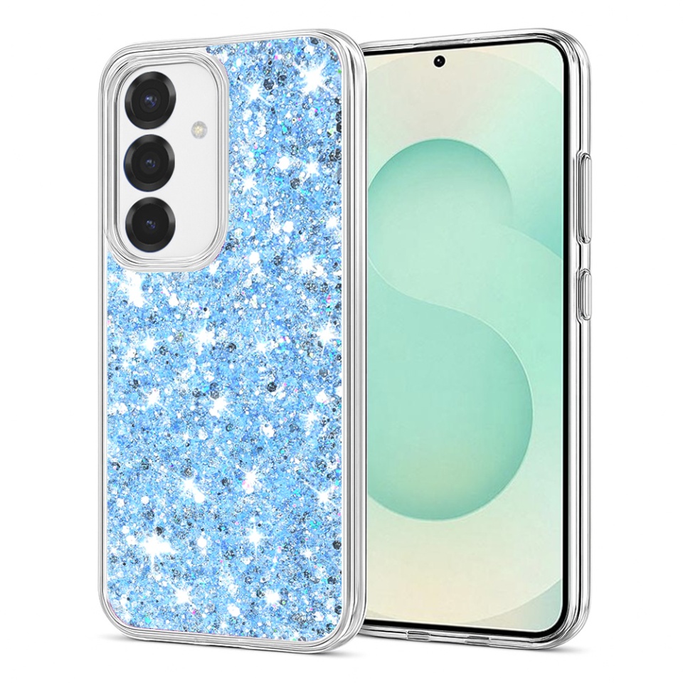 Husa pentru Samsung Galaxy S25 Plus, SKYDDAR INNOVATION, SparkleCase, din Silicon cu Sclipici, Protectie Completa, Bleu, set cu sticker