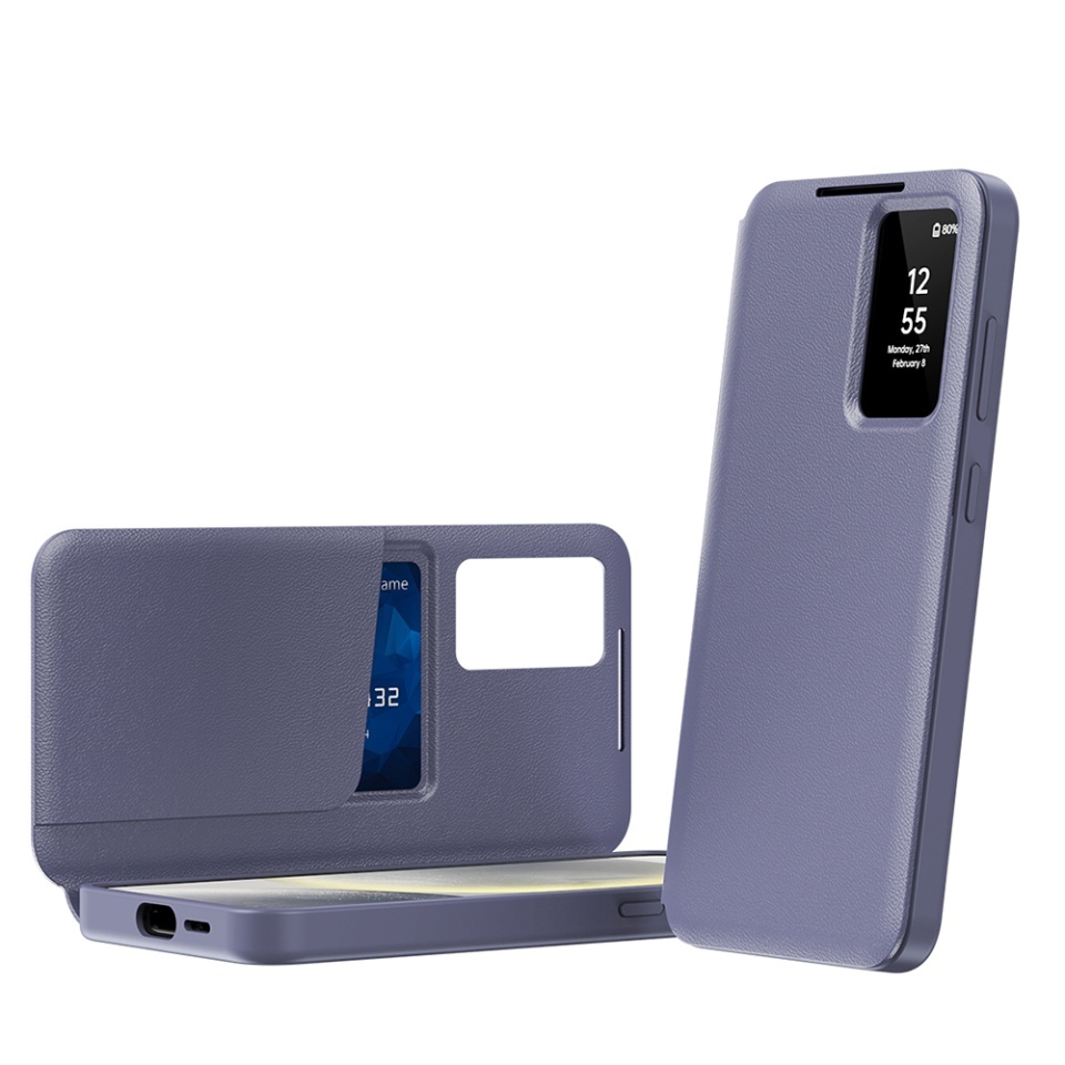 Husa pentru Samsung Galaxy S25 Plus tip carte, Skyddar, cu portofel si SmartView, Premium, set cu sticker, Mov - 1 | YEO