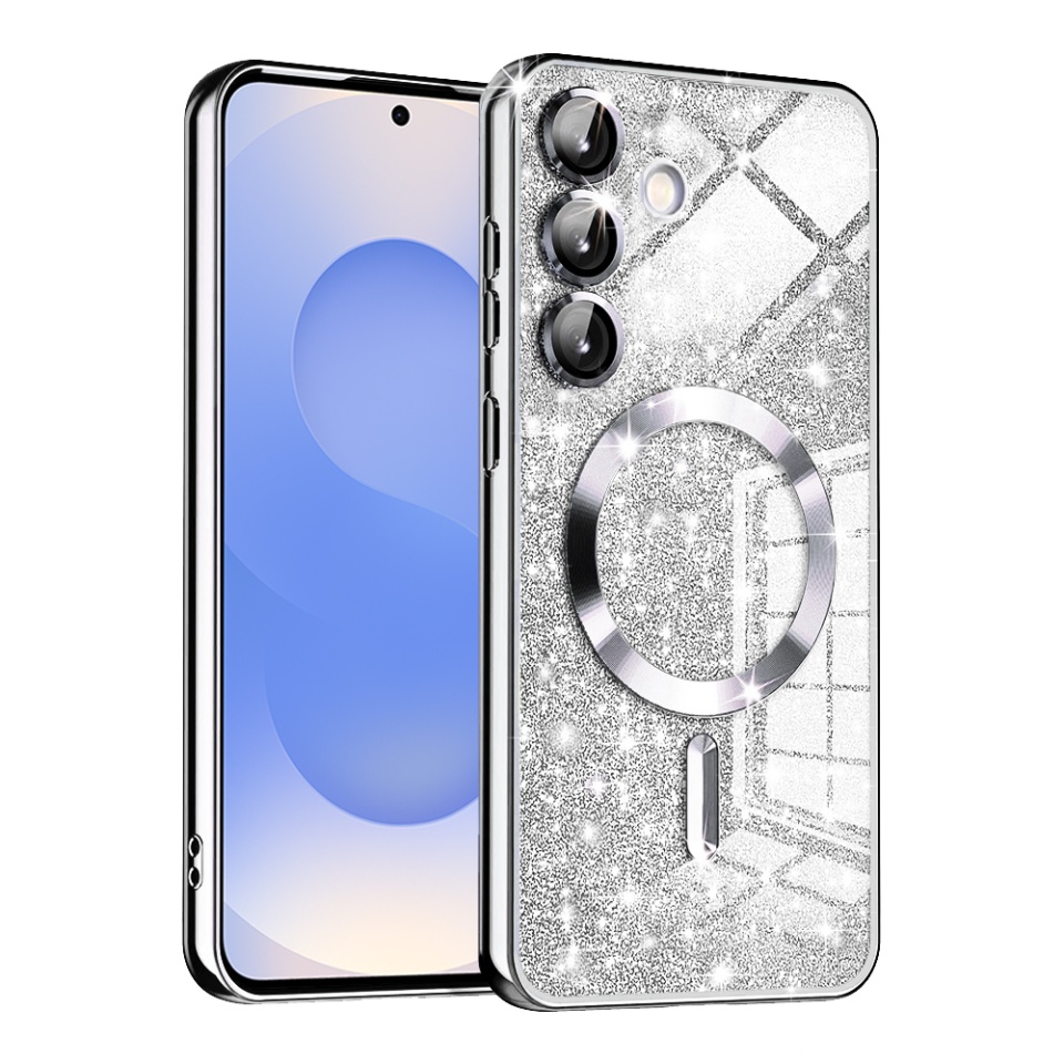 Husa pentru Samsung Galaxy S25, SKYDDAR INNOVATION, Luxury Glitter Magsafe, Antisoc, Fundal Detasabil 2-in-1, Margini Ridicate, set cu sticker, Argintiu