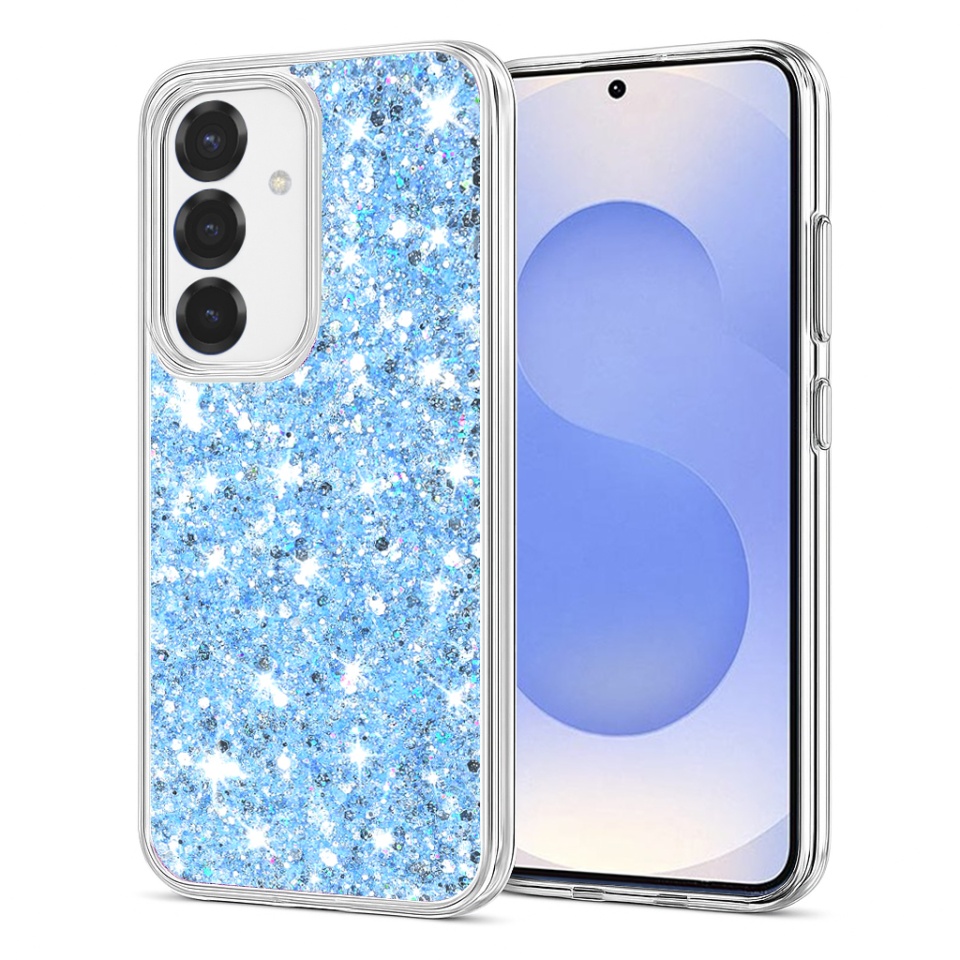 Husa pentru Samsung Galaxy S25, SKYDDAR INNOVATION, SparkleCase, din Silicon cu Sclipici, Protectie Completa, Bleu, set cu sticker