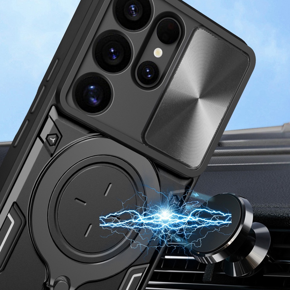 Husa pentru Samsung Galaxy S25 Ultra, cu inel magnetic si suport ajustabil, protectie completa camera, SKDR SafeCover - Negru - 2 | YEO