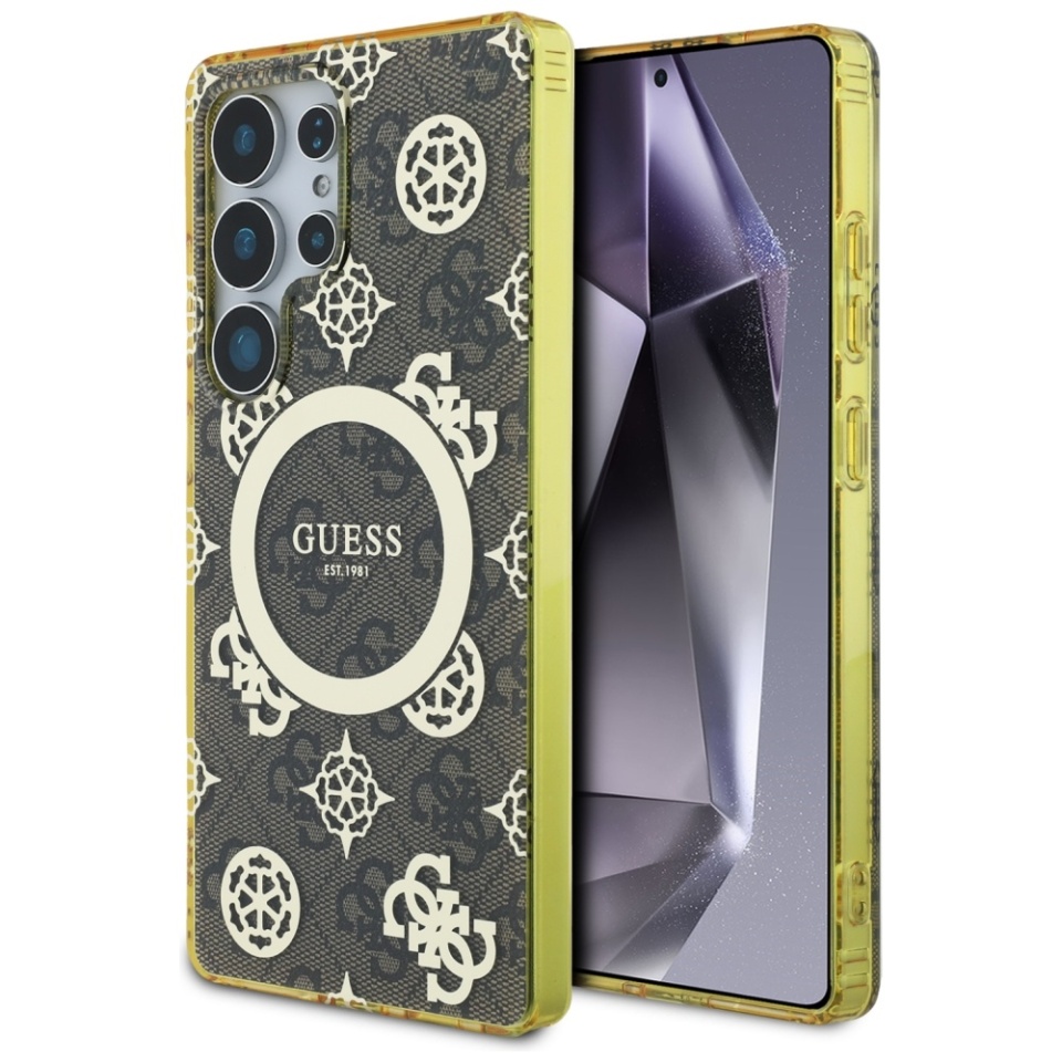 Husa pentru Samsung Galaxy S25 Ultra, Guess MagSafe Denim Pattern, Compatibila, Cadru Silicon, Logo Auriu, Design Slim, Maro