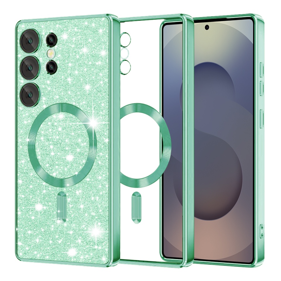 Husa pentru Samsung Galaxy S25 Ultra, SKYDDAR INNOVATION, Luxury Glitter Magsafe, Antisoc, Fundal Detasabil 2-in-1, Margini Ridicate, set cu sticker, Verde deschis