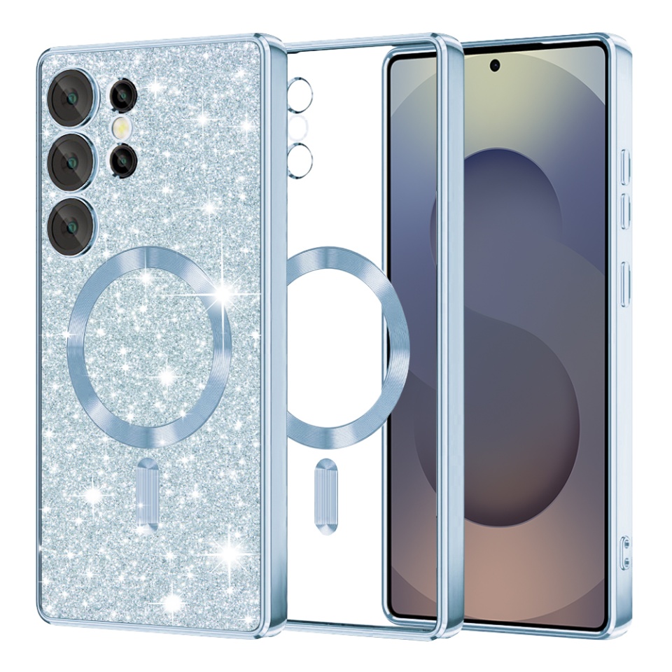 Husa pentru Samsung Galaxy S25 Ultra, SKYDDAR INNOVATION, Luxury Glitter Magsafe, Antisoc, Fundal Detasabil 2-in-1, Margini Ridicate, set cu sticker, Bleu