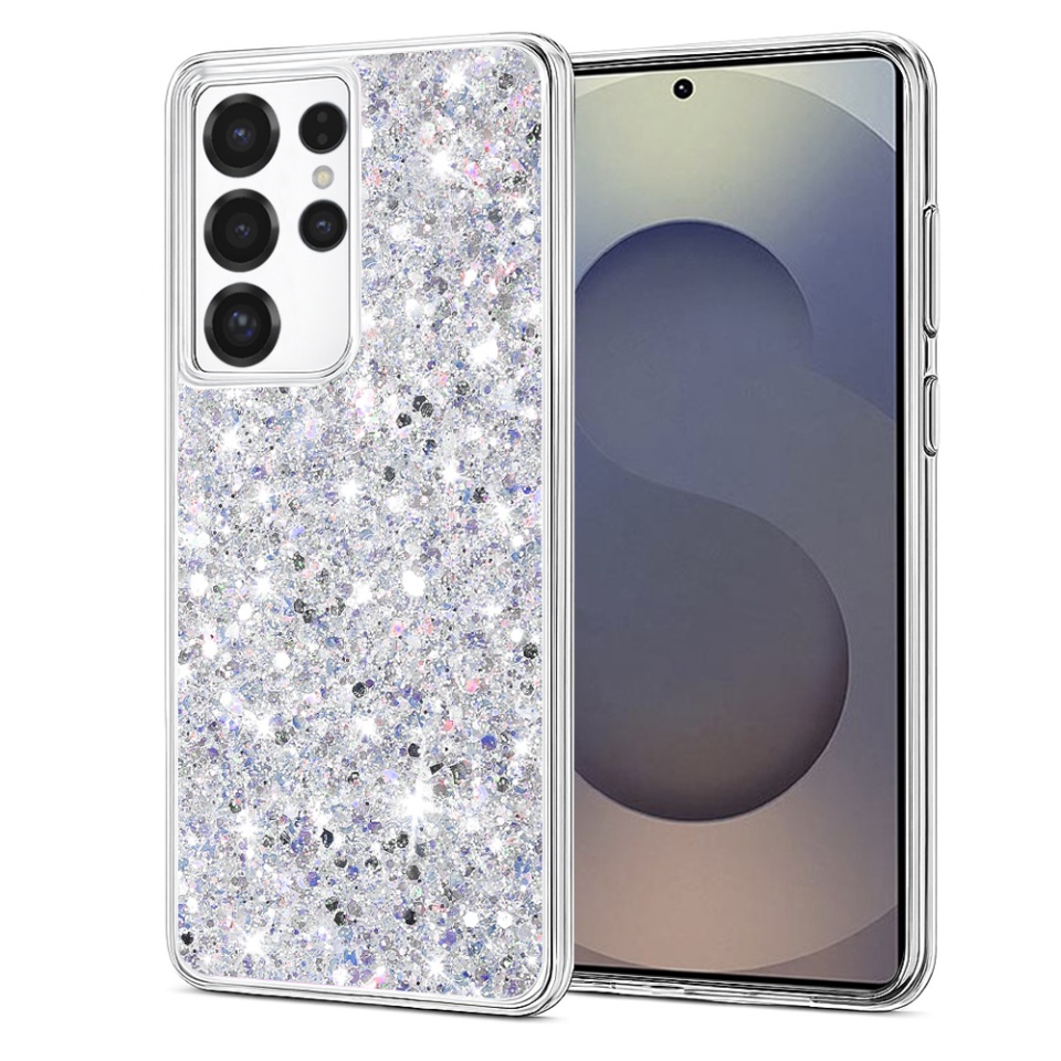 Husa pentru Samsung Galaxy S25 Ultra, SKYDDAR INNOVATION, SparkleCase, din Silicon cu Sclipici, Protectie Completa, Alb, set cu sticker